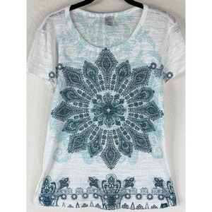 PrAna Mandala Burnout Tee Blue White Boho Yoga Graphic Size L Runs Small